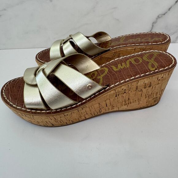 Sam Edelman Womens Raynere Slide Platform Sandals Size 8 Leather Cork Gold - Picture 5 of 10